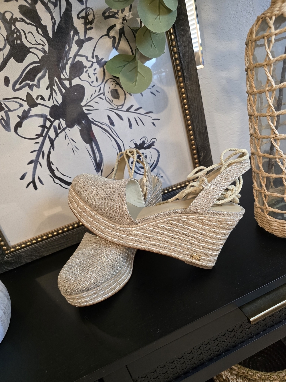 Michael Kors Metallic Gold Lace Up Ankle Ties Wedges Espadrilles Sandals 9